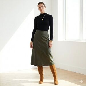 Max Studio khaki green vegan leather a-line midi skirt - Large NWOT